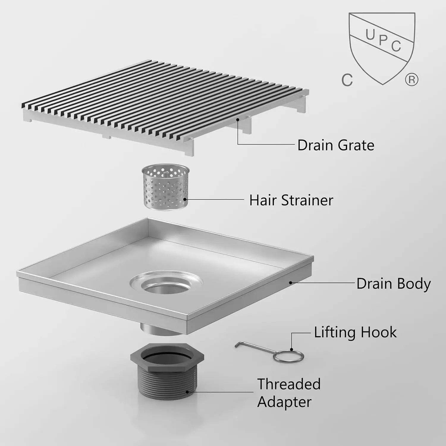 8 Inch Square Shower Drain, Brushed Nickel Wedge Wire Grate 304 Stainless Steel with Hair Strainer