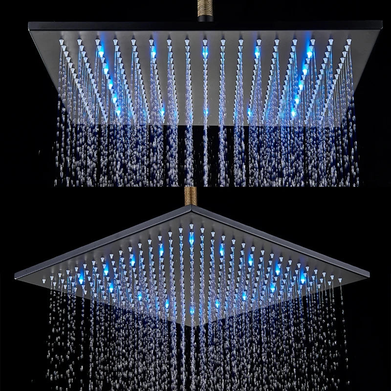12 or 16 Inch Rainfall Shower Head with LED Color-Change Light, Solid Brass Square