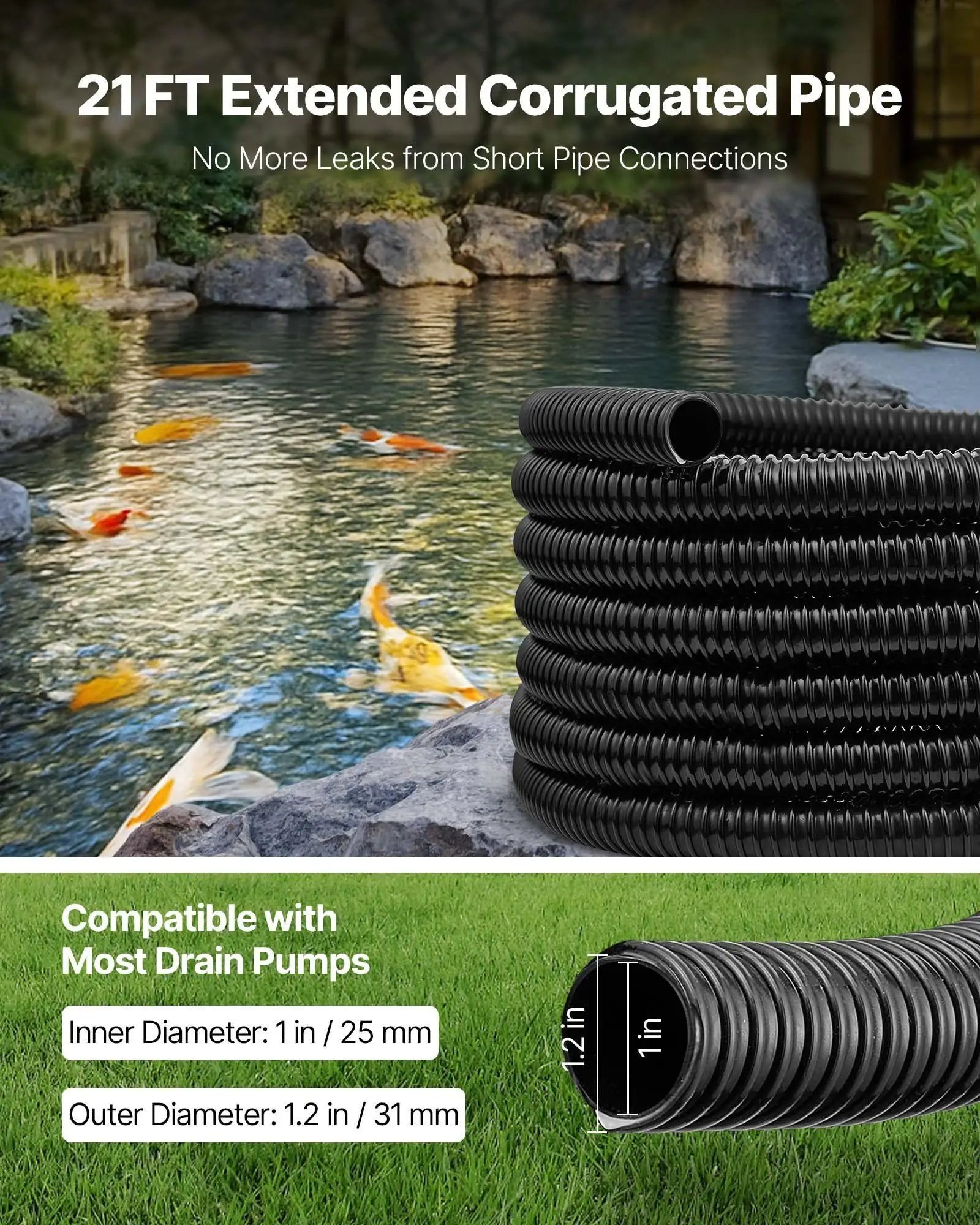 Flexible Black PVC Corrugated Tubing 21 Ft, 1 Inch ID for Pond Drainage, Filters and Fountains