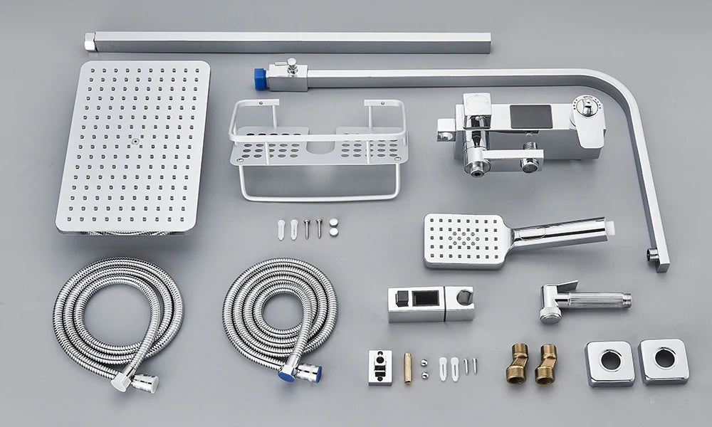 4-Way Thermostatic Shower Faucet with Digital Display and Shelf