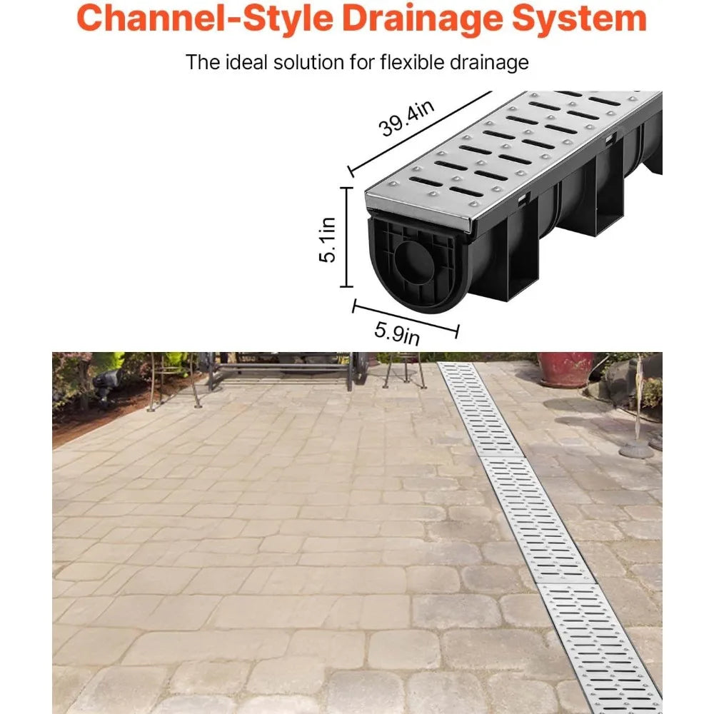 HDPE Trench Drain Kit 3-Pack, 5.9x5.1 In Channel with Metal Grate and End Caps, 39 In Each