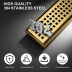 32 Inch Linear Shower Drain, Brushed Gold 304 Stainless Steel with Adjustable Feet and Hair Strainer