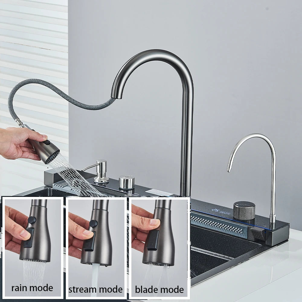 Waterfall Kitchen Sink with Digital Display, Stainless Steel