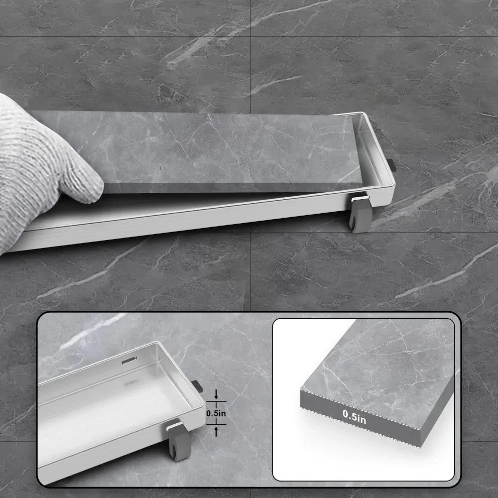 12 Inch Linear Shower Drain with Reversible Flat and Tile Insert Cover, Stainless Steel