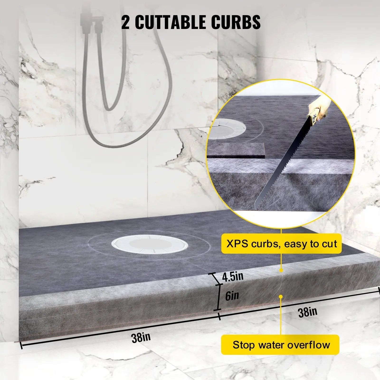 Adjustable Watertight Shower Curb 38x60 in with PVC Flange and Steel Drain Cover