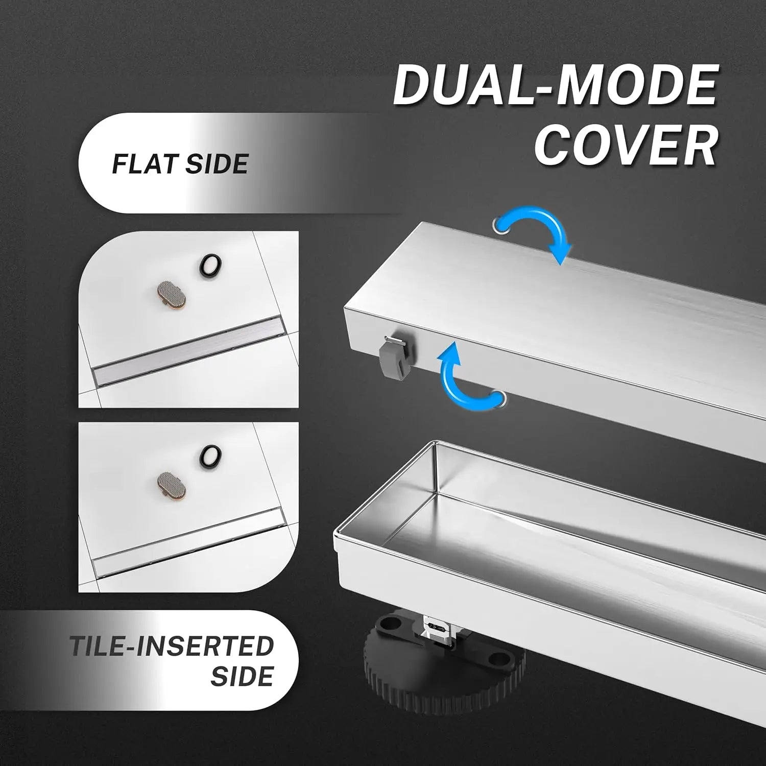 30 Inch Linear Shower Drain, Stainless Steel with Reversible Cover and Hair Strainer