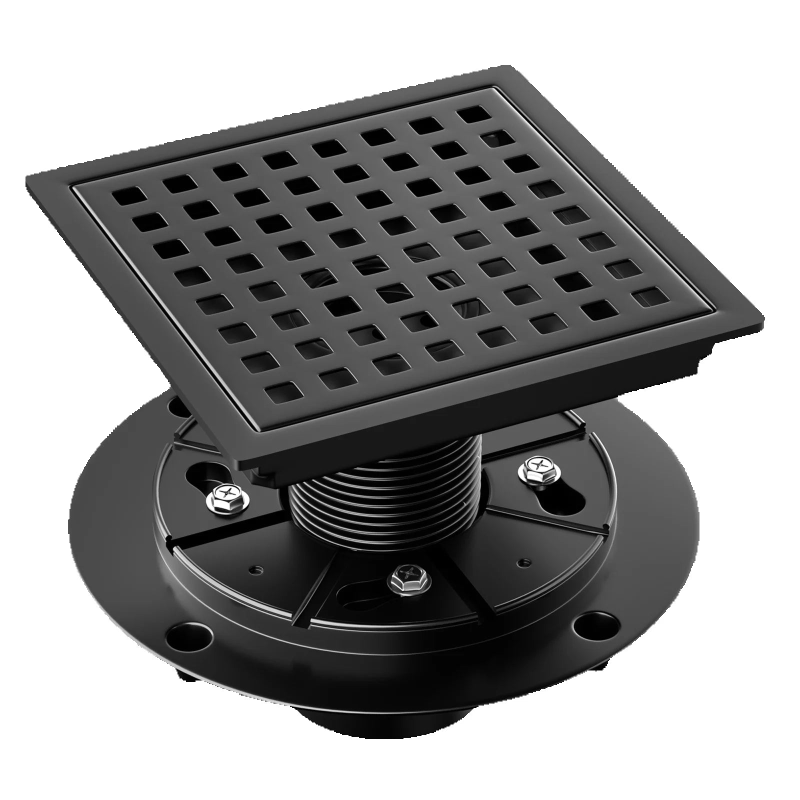 6 Inch Square Shower Drain, Matte Black Stainless Steel with Grate and Flange