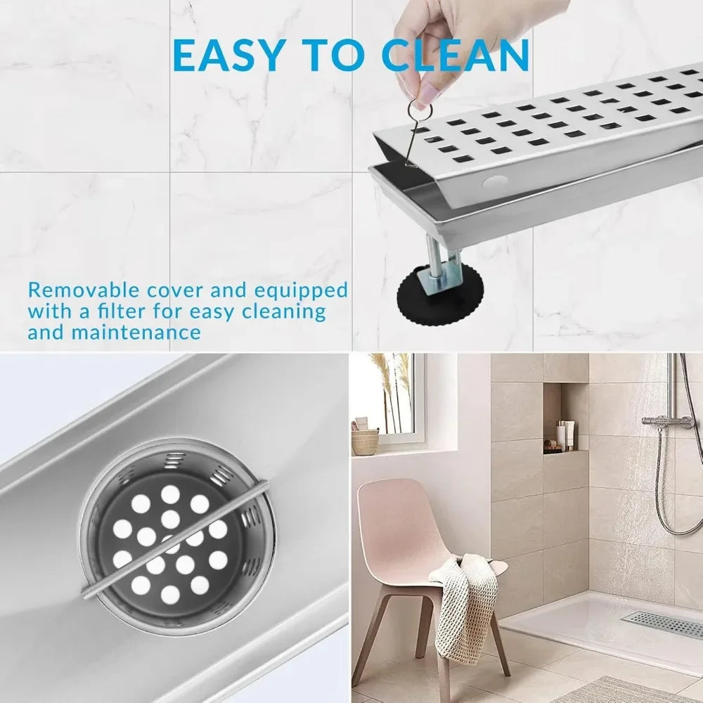 Linear Shower Drain with Removable Cover, Hair Strainer and Adjustable Leveling Feet