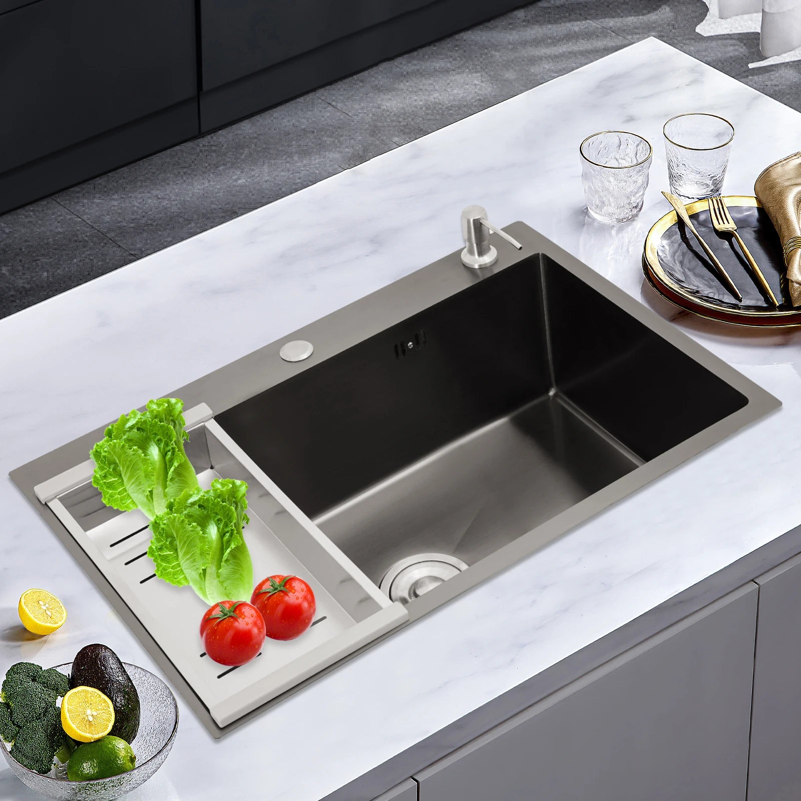 Stainless Steel Kitchen Sink with Soap Dispenser and Drainage Basket, No Faucet