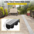HDPE Trench Drain System 3x39 Inch with Metal Grate, 5.9x5.1 In Channel for Garage and Driveway