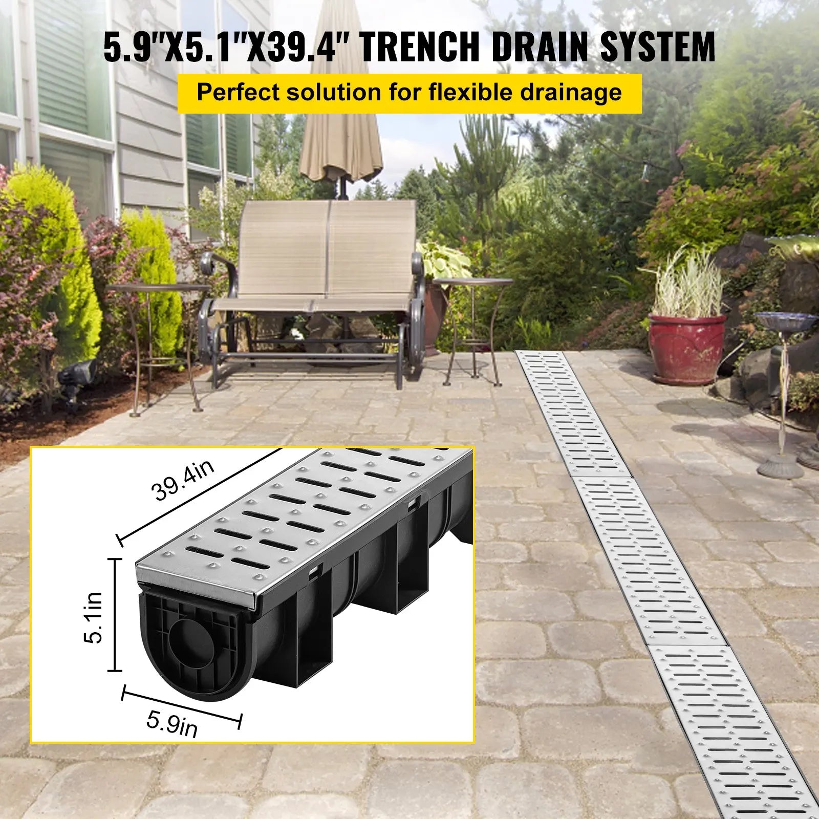 HDPE Trench Drain System 3x39 Inch with Metal Grate, 5.9x5.1 In Channel for Garage and Driveway