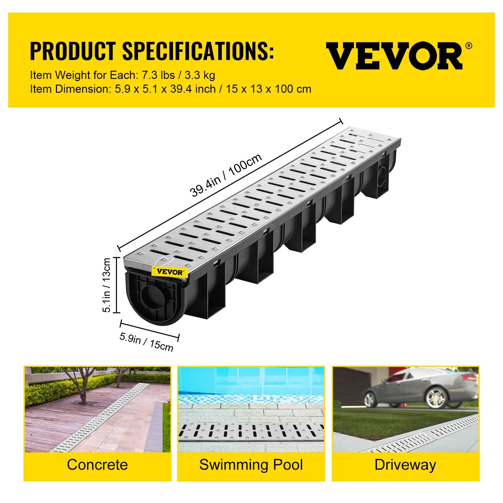 HDPE Trench Drain System 3x39 Inch with Metal Grate, 5.9x5.1 In Channel for Garage and Driveway