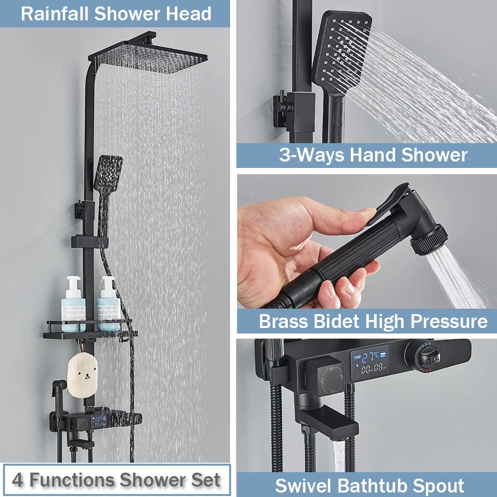 4-Way Thermostatic Shower Faucet with Digital Display and Shelf