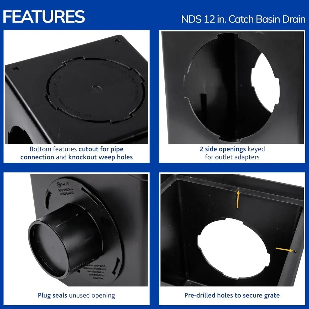 12 Inch Square Catch Basin Drain Kit with Two Openings, Adapters, Outlet Plug and Plastic Grate for Lawn