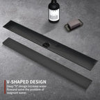 12 Inch Linear Shower Drain, Matte Black with Tile Insert Panels and Hair Strainer