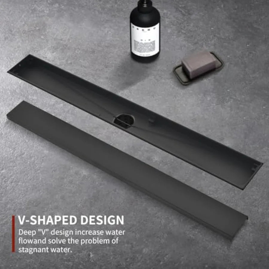12 Inch Linear Shower Drain, Matte Black with Tile Insert Panels and Hair Strainer