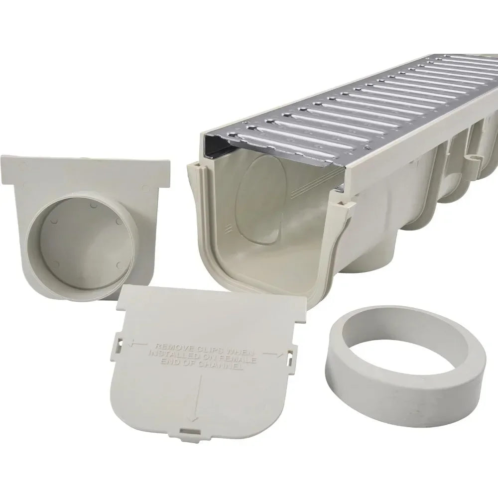 Deep Profile Channel Drain Kit 5 Inch with Galvanized Steel Grates, End Caps and Outlet, 39 In