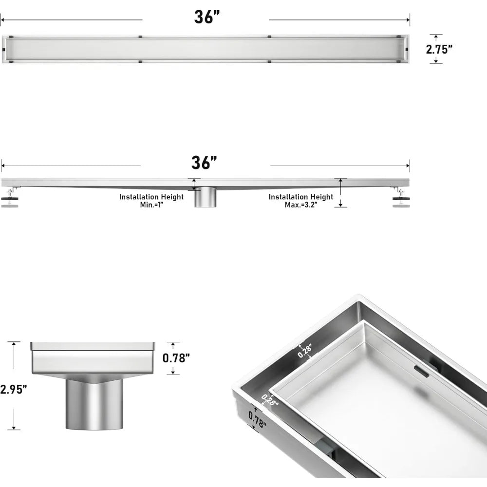 36 Inch Linear Shower Drain, 304 Stainless Steel Fast Drainage with Tile Insert and Hair Strainer