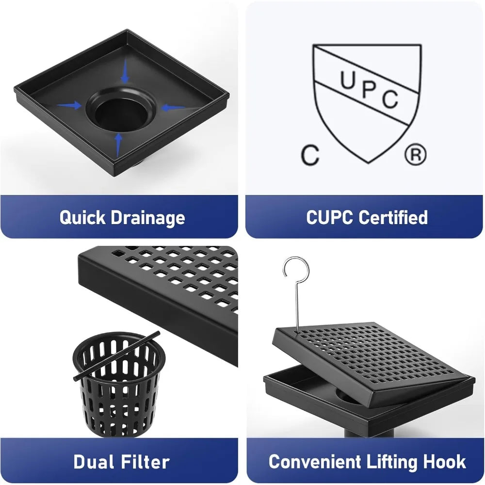 6 Inch Square Shower Drain, Matte Black with Grid Cover and Hair Strainer, cUPC Certified
