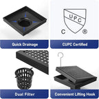 6 Inch Square Shower Drain, Matte Black with Grid Cover and Hair Strainer, cUPC Certified