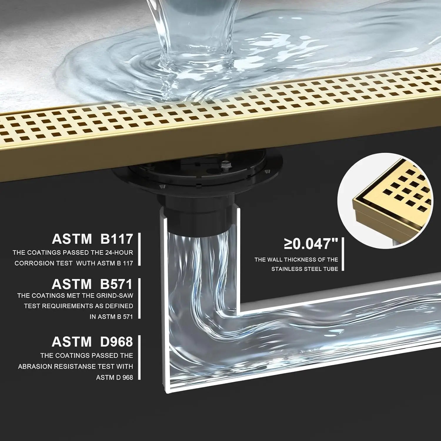 32 Inch Linear Shower Drain, Brushed Gold 304 Stainless Steel with Adjustable Feet and Hair Strainer