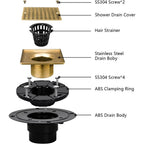 Square Gold Low-Profile Shower Drain Kit, 304 Stainless Steel with Hair Catcher for 2 or 3 Inch Pipe