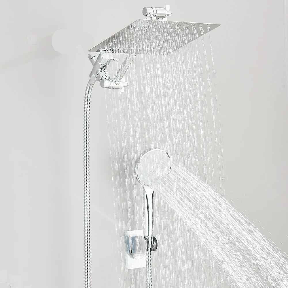 Rain Shower Head Combo 8–12 Inch with Adjustable Extension Arm and 3-Way Handheld Spray