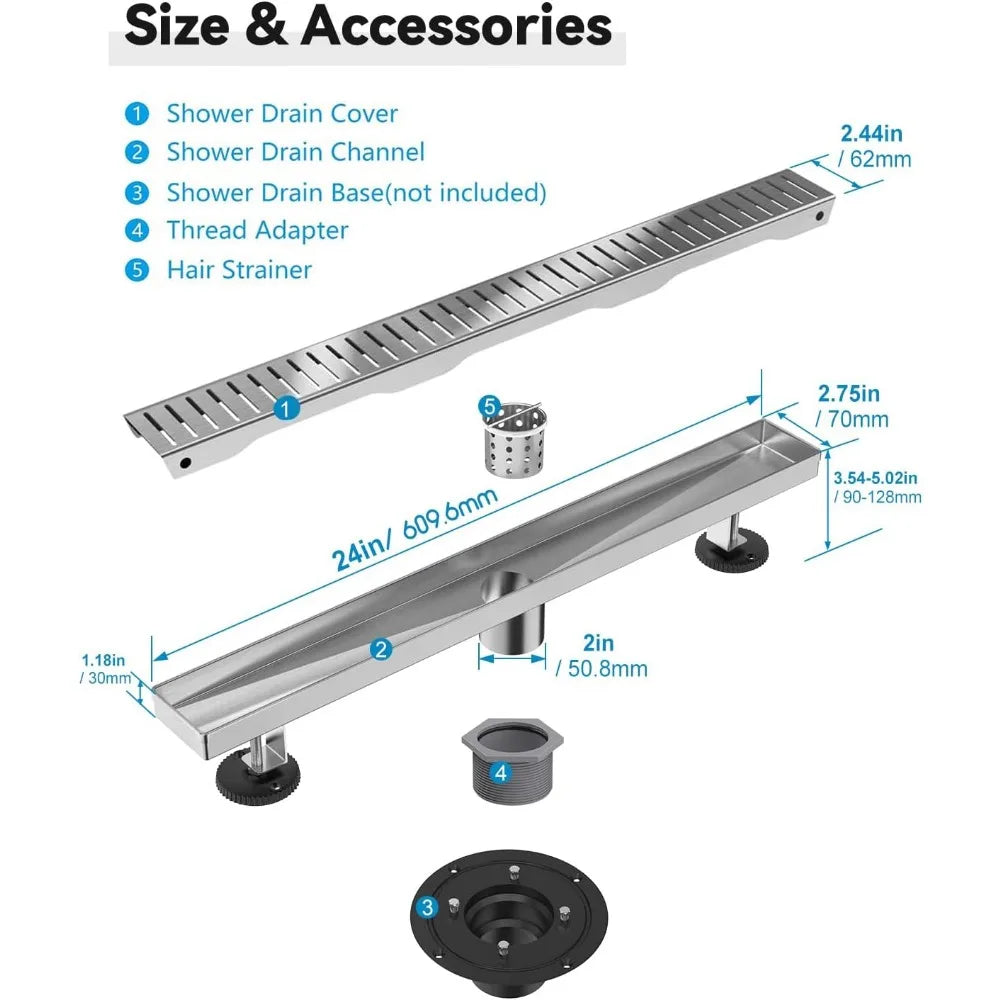 24 Inch Linear Shower Drain, Brushed Nickel Capsule Pattern Grate with Hair Strainer