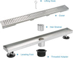 32 Inch Linear Shower Drain with Removable Grate and Adjustable Feet, Brushed Stainless