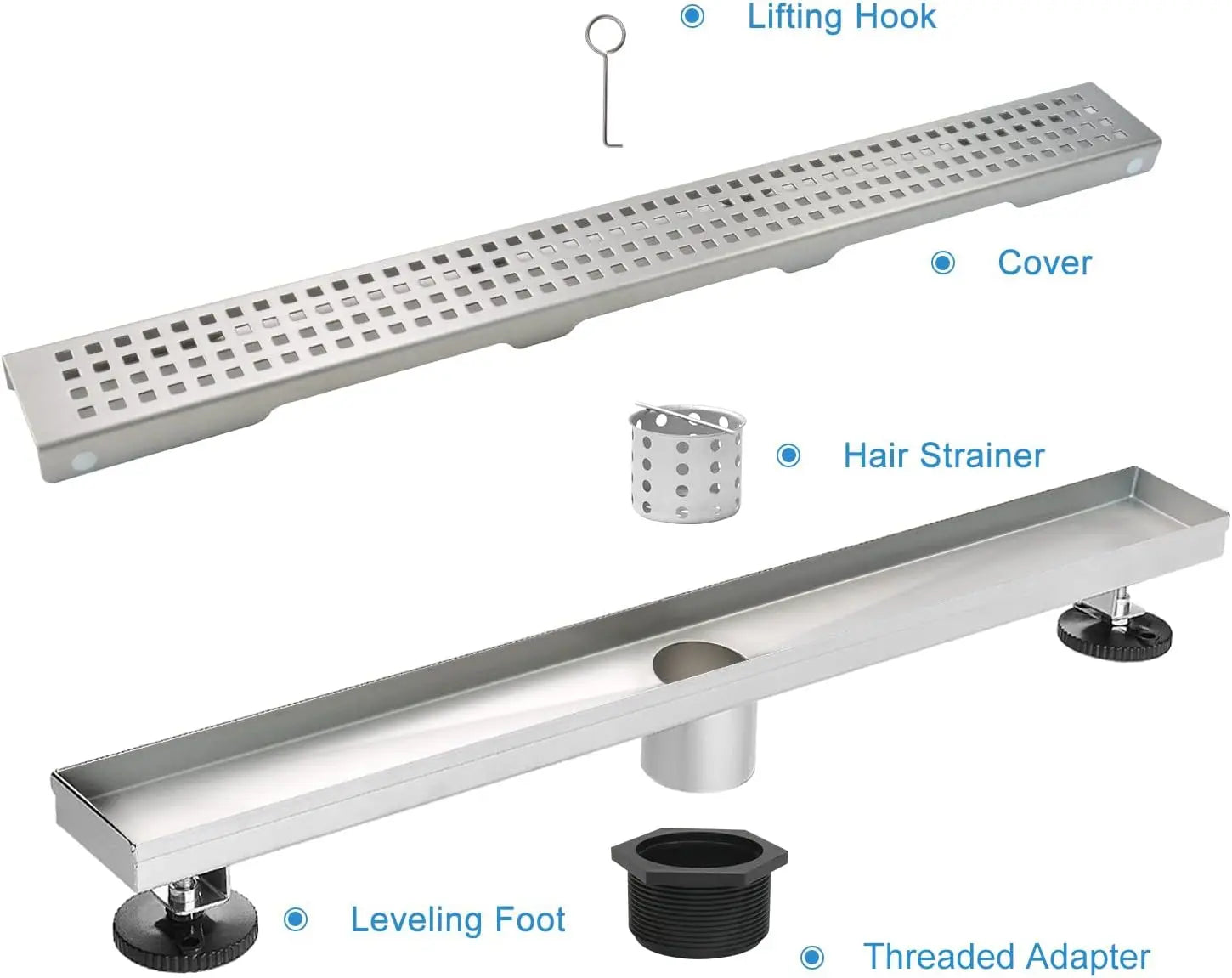 32 Inch Linear Shower Drain with Removable Grate and Adjustable Feet, Brushed Stainless