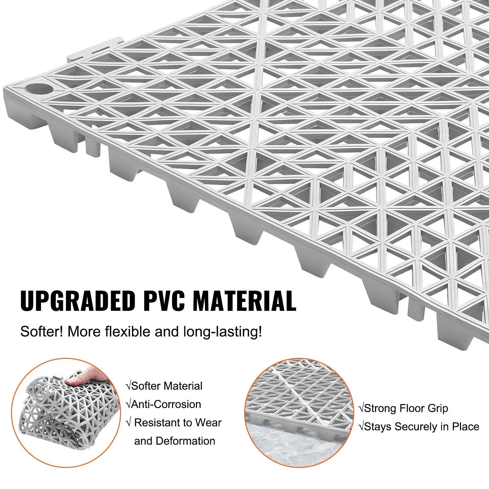 Interlocking Drainage Floor Tiles 12x12 Inch, Soft PVC Non-Slip Gray, 50-Piece Set