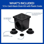 12 Inch Square Catch Basin Drain Kit with Two Openings, Adapters, Outlet Plug and Plastic Grate for Lawn
