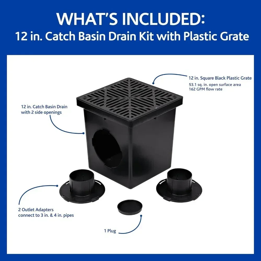 12 Inch Square Catch Basin Drain Kit with Two Openings, Adapters, Outlet Plug and Plastic Grate for Lawn