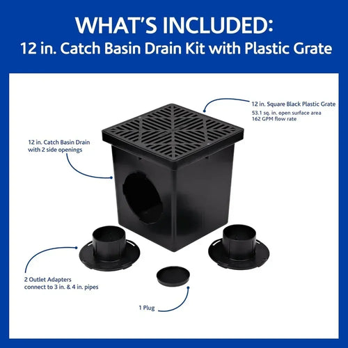 12 Inch Square Catch Basin Drain Kit with Two Openings, Adapters, Outlet Plug and Plastic Grate for Lawn