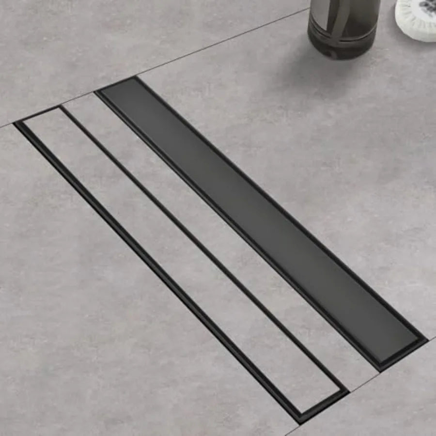 12 Inch Linear Shower Drain, Matte Black with Tile Insert Panels and Hair Strainer