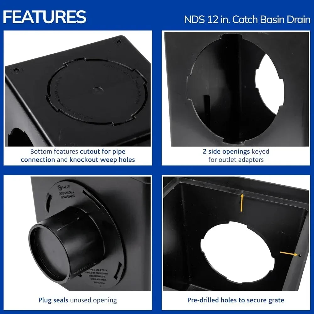 12 Inch Square Catch Basin Drain Kit with Two Openings, Adapters, Outlet Plug and Plastic Grate for Lawn