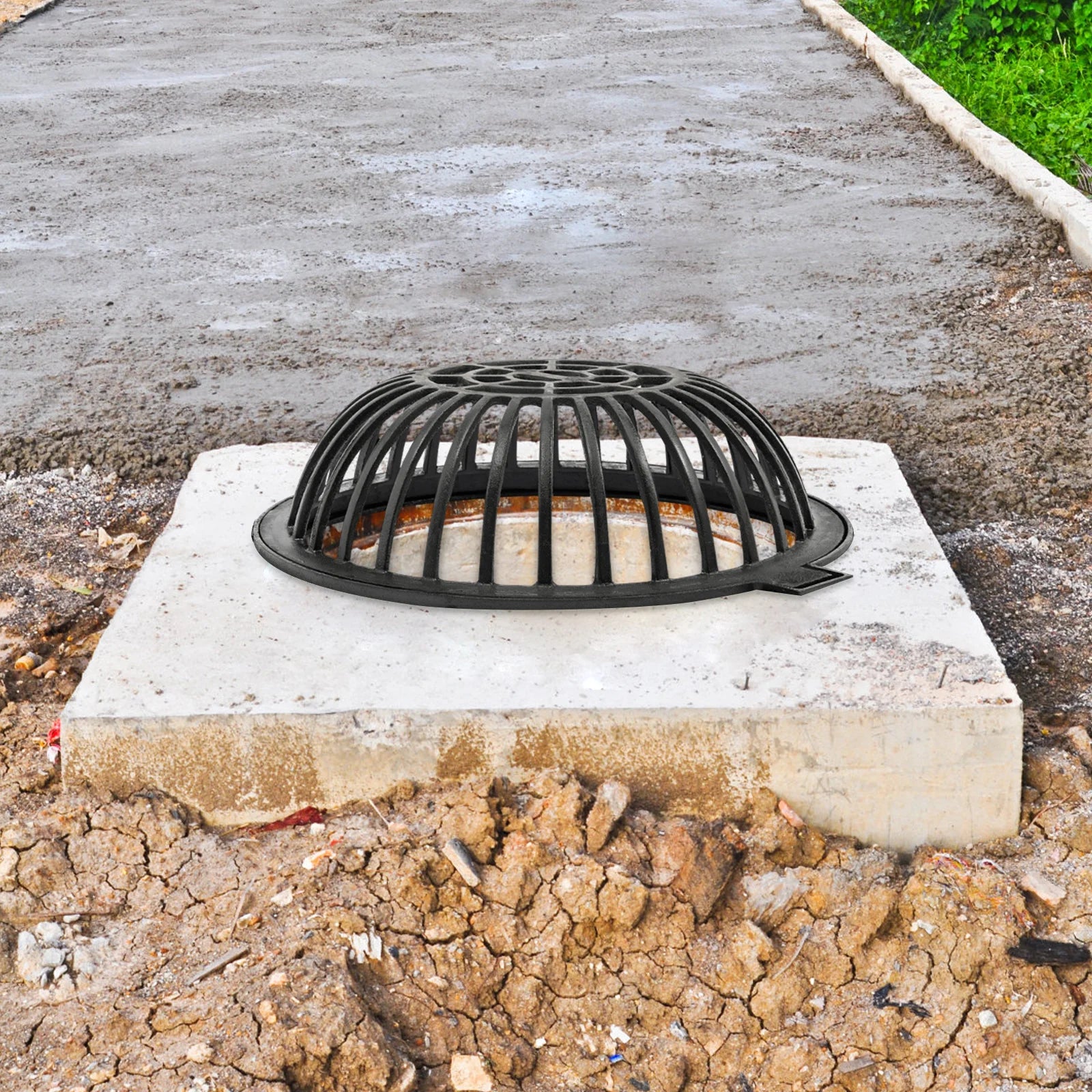 Round Dome Drainage Grate with Frame, Overflow Relief Gully for Garden, Yard and Lawn