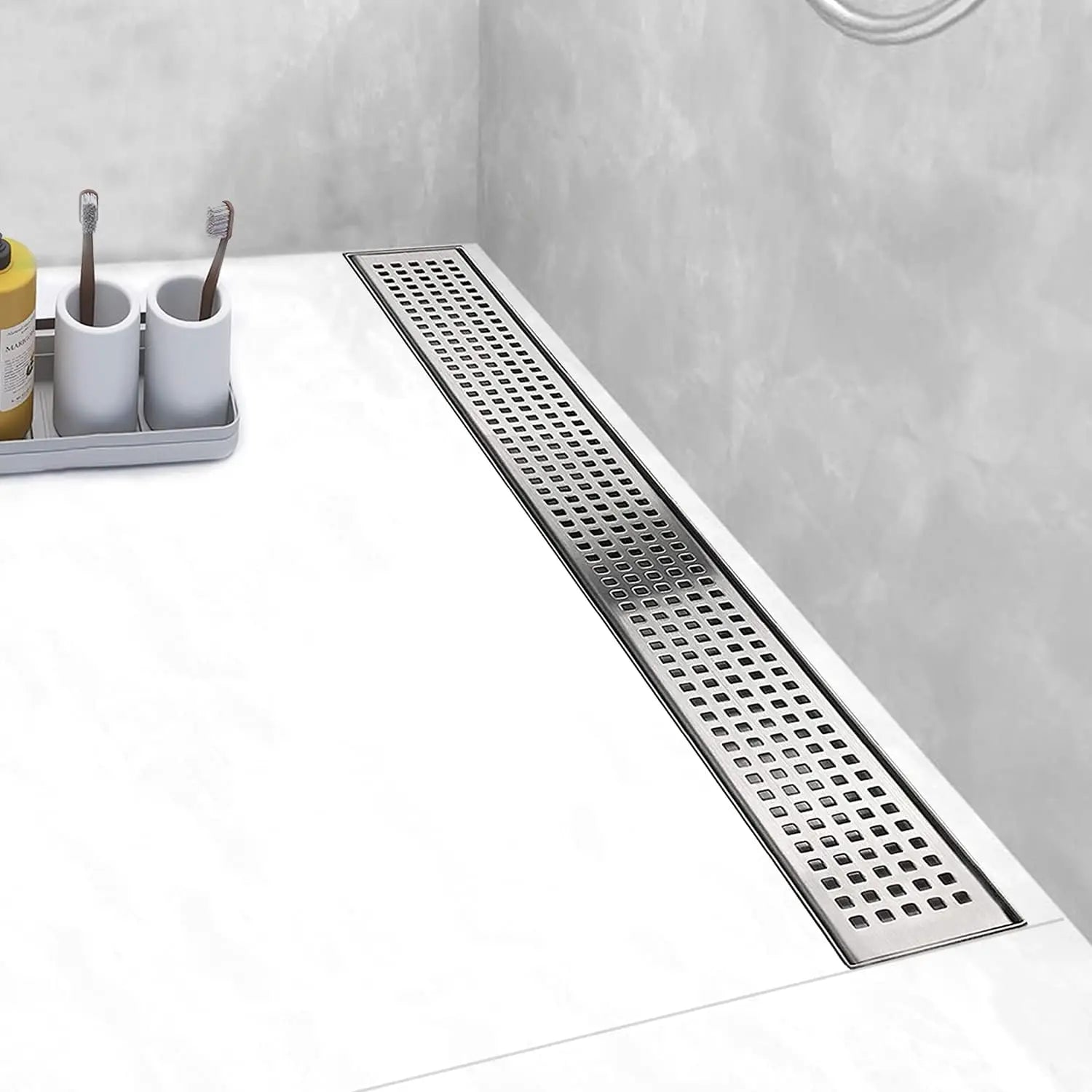 32 Inch Linear Shower Drain with Removable Grate and Adjustable Feet, Brushed Stainless