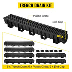 HDPE Trench Drain System 6x39 Inch with 6 End Caps, Black for Driveway and Garden