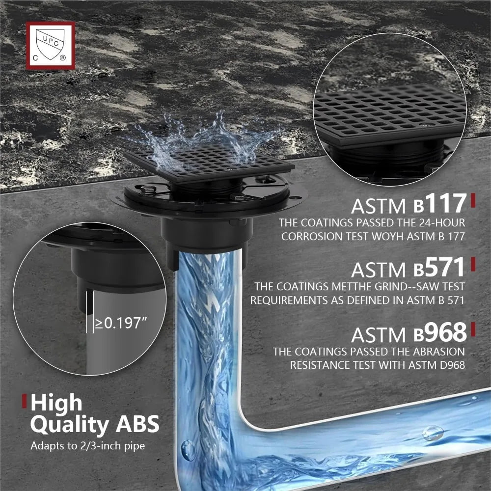 4 Inch Low-Profile Square Shower Drain Kit, Matte Black 304 Stainless Steel with ABS Flange