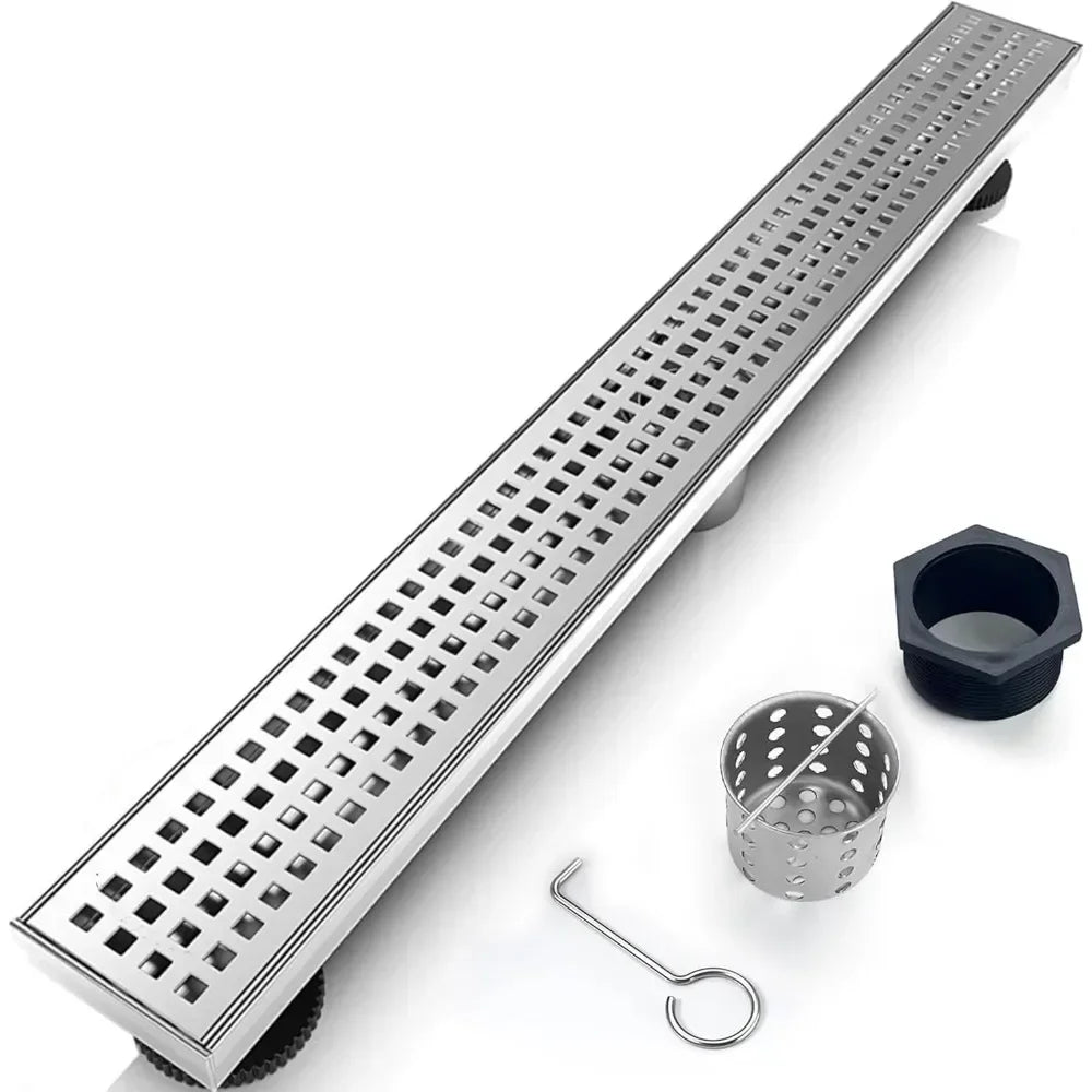 Linear Shower Drain with Removable Cover, Hair Strainer and Adjustable Leveling Feet