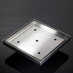 8 Inch Square Shower Drain with Removable Tile Insert Grate, Brushed Stainless Steel and Hair Strainer