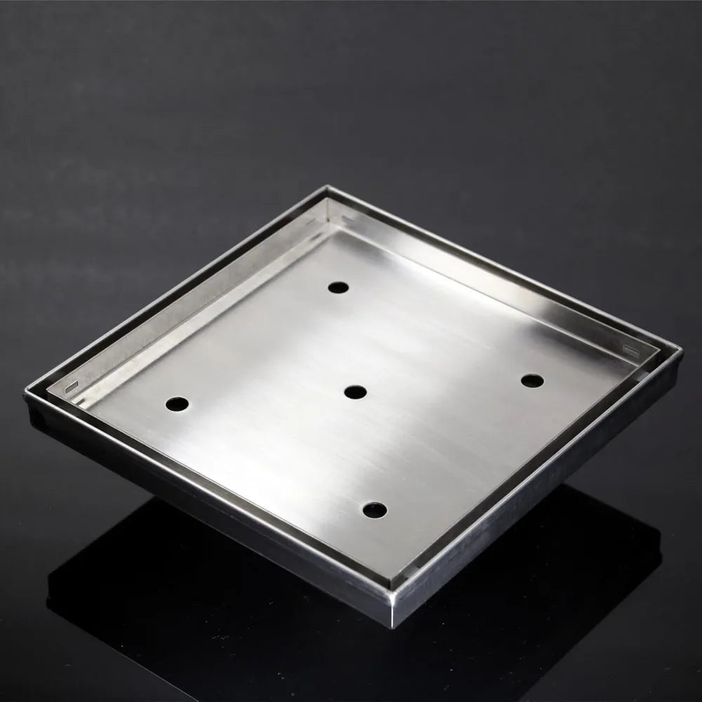 8 Inch Square Shower Drain with Removable Tile Insert Grate, Brushed Stainless Steel and Hair Strainer
