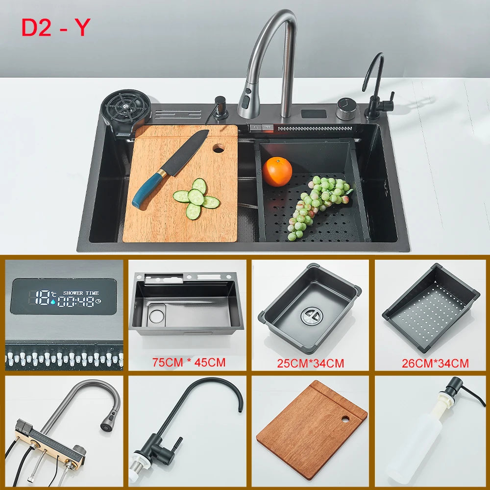 Waterfall Kitchen Sink with Digital Display, Stainless Steel