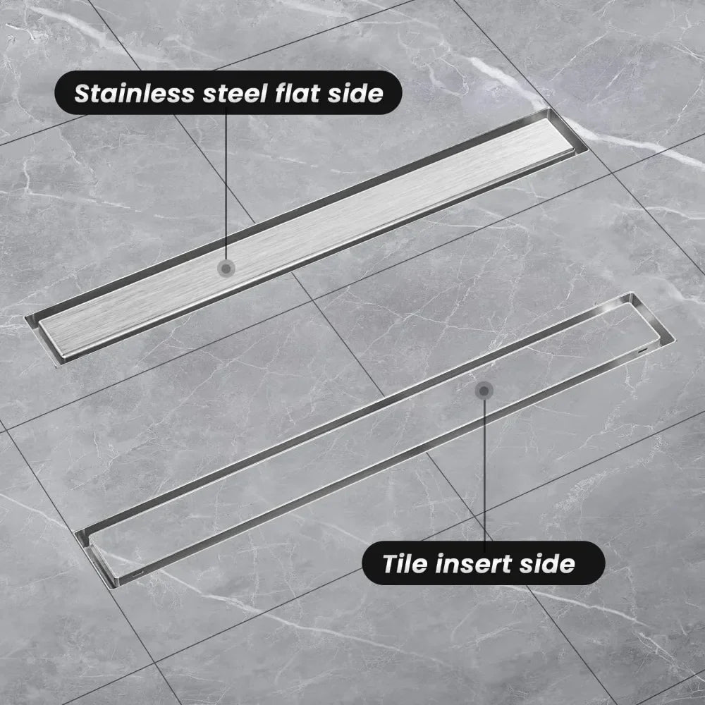 12 Inch Linear Shower Drain with Reversible Flat and Tile Insert Cover, Stainless Steel