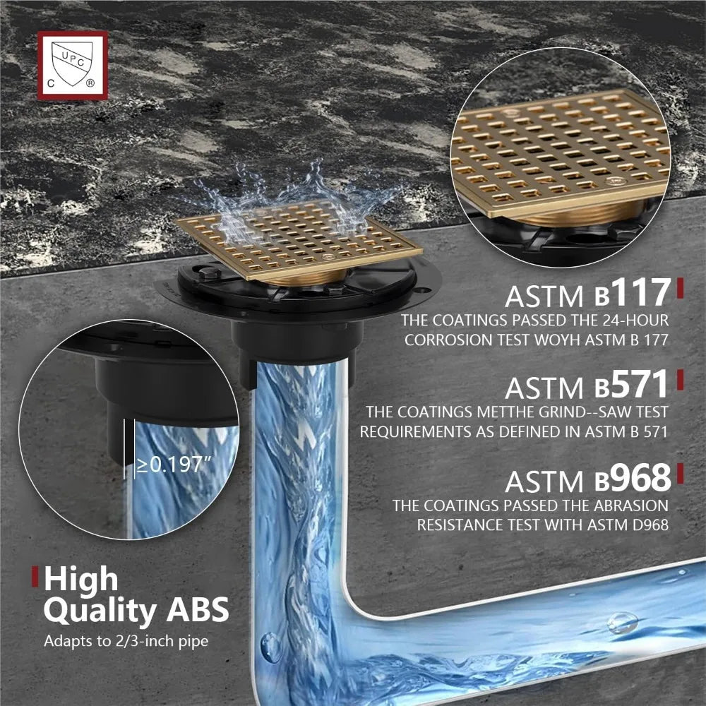 Square Gold Low-Profile Shower Drain Kit, 304 Stainless Steel with Hair Catcher for 2 or 3 Inch Pipe