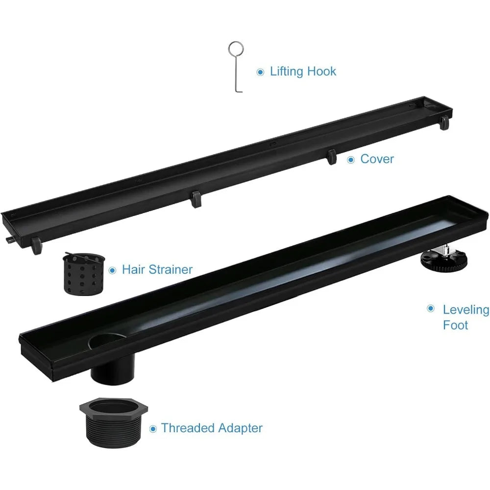 36 Inch Linear Shower Drain, Matte Black Side Outlet with Tile Insert and Hair Strainer