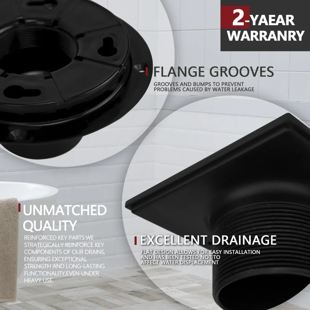 4 Inch Low-Profile Square Shower Drain Kit, Matte Black 304 Stainless Steel with ABS Flange