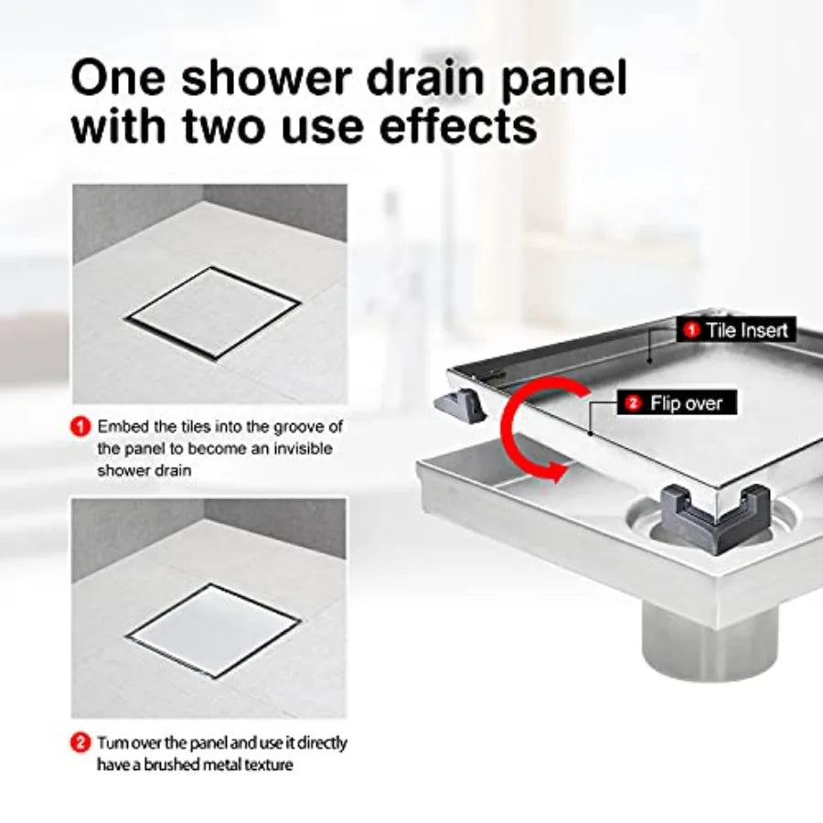 6 Inch Square Shower Drain with Tile Insert Stealth Cover, Stainless Steel