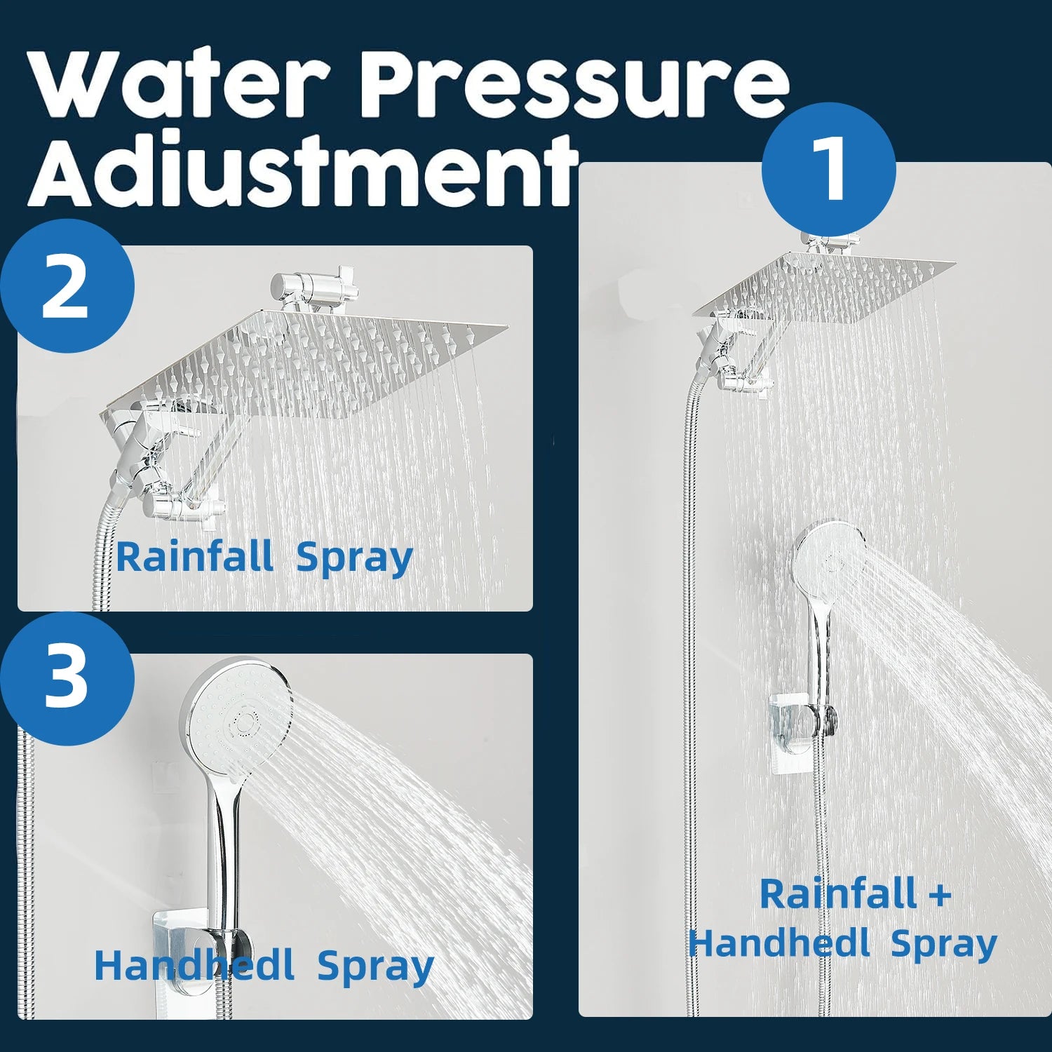 Rain Shower Head Combo 8–12 Inch with Adjustable Extension Arm and 3-Way Handheld Spray
